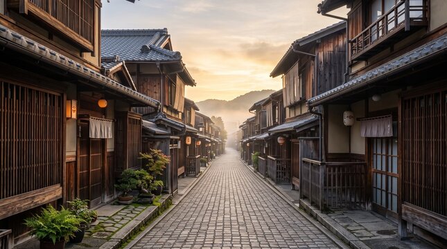 Historic Japanese old town street with traditional wooden architecture and lanterns during a beautiful misty golden hour sunrise landscape.