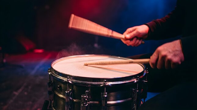 Drummer playing snare drum with sticks on stage with concert lighting