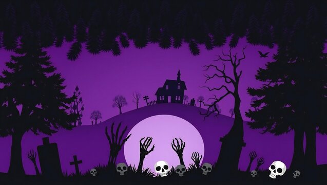 Pixel art halloween background with skulls and zombie hands rising from the ground in a purple graveyard