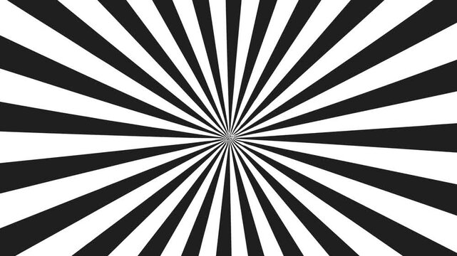 Sunburst pattern radiating from the center features alternating black and white triangular segments. White sunburst rays rotating background animation.Black and white radial sunburst pattern.
