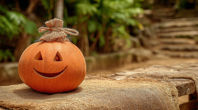 Carved jack o lantern pumpkin sitting outdoors on burlap fabric with green plants
