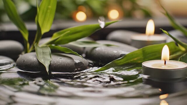 Water dripping onto green bamboo leaves and black spa stones in a tranquil pool.