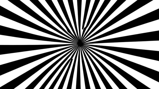 Sunburst pattern radiating from the center features alternating black and white triangular segments. White sunburst rays rotating background animation.Black and white radial sunburst pattern.
