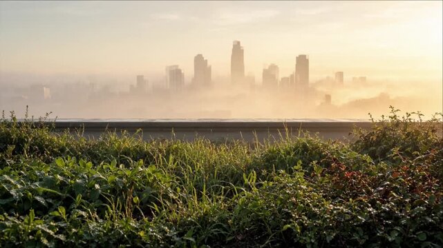 Cinematic Minimal Timelapse Background Hazy Urban Skyline Cityscape Beyond Lush Rooftop Garden Vegetation Near Skyscraper with Warm Sunrise Light and Tranquil Atmosphere
