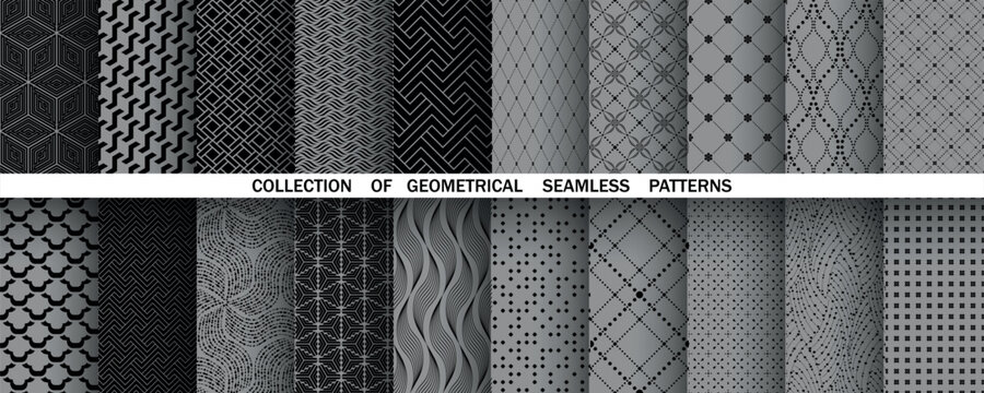 Geometric set of seamless black and gray patterns. Simple vector graphics