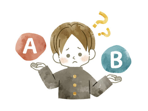 比較をしている困った表情の男子学生-水彩