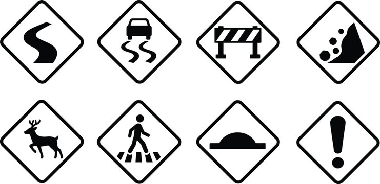 Set of 8 Minimalist Black and White Road Warning Sign Vector Icons for Traffic Safety, featuring Slippery Road, Falling Rocks, Deer Crossing, Pedestrian Path, Speed Bump, and Construction.
