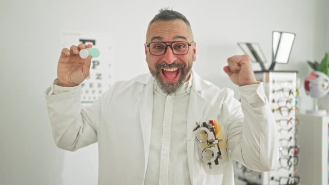 Optician man holding a contact lens case and fist pump beside eyeglass frames in building clinic, smiling broadly with glasses and trial frame on coat; vision success joy.