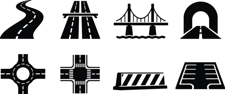 Set of Road and Infrastructure Vector Icons featuring Highway, Bridge, Tunnel, Roundabout, Intersection, Parking Lot, and Road Barrier Symbols for Transport and Urban Planning Design.