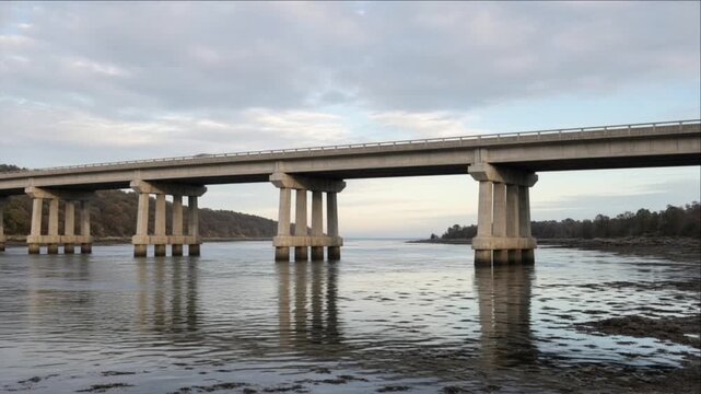 Cinematic Minimal Timelapse Concrete Bridge Over Calm Water Beneath Cloudy Sky, Forest Shoreline Reflection, Serene River Transportation Landscape Background