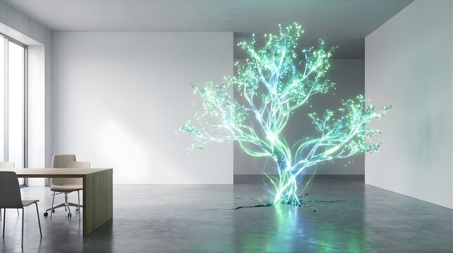 Glowing digital tree growing from concrete floor in a modern office room