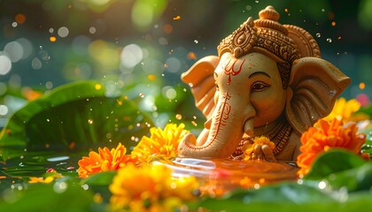 Fototapeta premium Lord Ganesha Statue in Water with Marigold Flowers