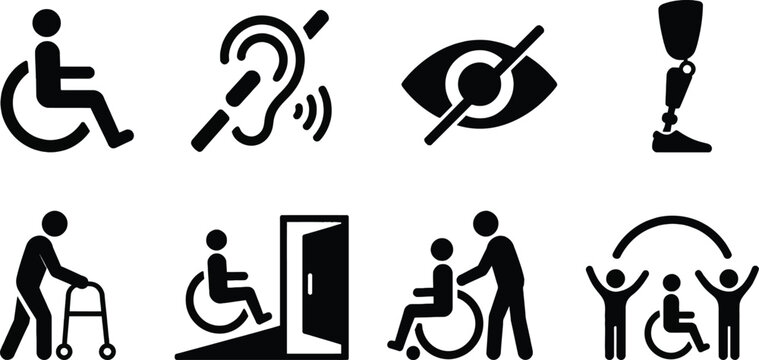 Vector Set of Accessibility and Disability Icons: Wheelchair Access, Hearing Loss, Visual Impairment, Prosthetic Leg, Walker, Ramp, Caregiver Help, and Inclusive Design Concepts.