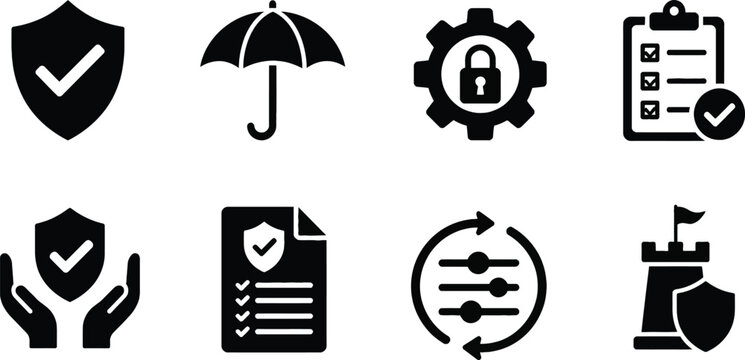 Professional Security and Insurance Icon Set Including Shield, Padlock, Umbrella, and Compliance Graphics for Cyber Defense, Risk Management, and Data Privacy Web Vector Illustration