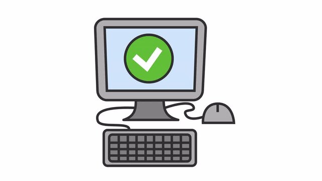 Desktop computer displaying a green checkmark approval icon cartoon animation for successful cybersecurity notification symbol and system update element concept isolated on an alpha channel.