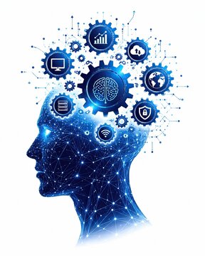 Human head profile with digital gears and technology icons on white background
