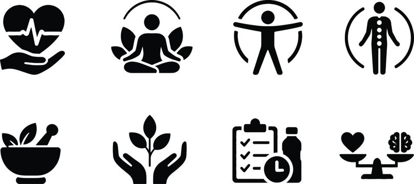 Holistic Health and Wellness Icon Set: Black Vector Symbols for Meditation, Herbal Medicine, Fitness, Mental Balance, Healthy Lifestyle, Body Care, and Natural Healing Solutions.