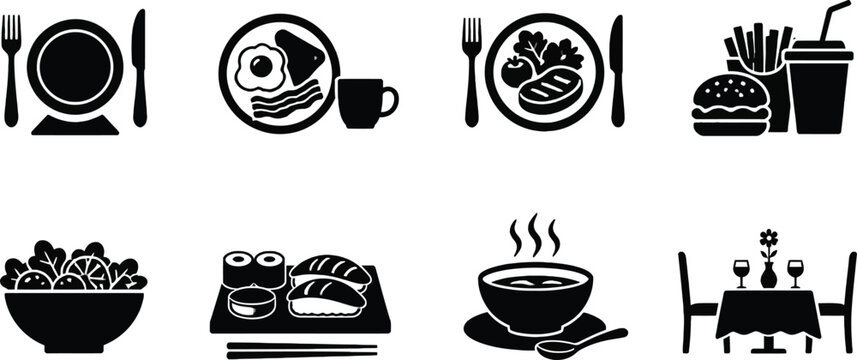 Comprehensive Set of Food and Dining Vector Icons Featuring Breakfast, Healthy Salad, Fast Food Burger and Fries, Gourmet Sushi, Hot Soup, Steak Dinner, and Restaurant Table Settings.