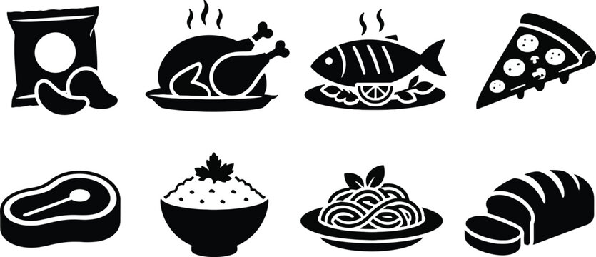 Minimalist Food and Gastronomy Icon Set Vector Illustration Featuring Roast Chicken, Pizza Slice, Grilled Fish, Steak, Pasta, Bread, Rice Bowl, and Potato Chips for Creative Menu Design.