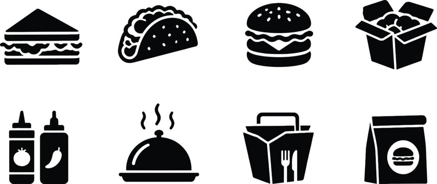 Fast food icons set including burger, taco, sandwich, noodle box, and takeout packaging. Black silhouette vector illustrations for restaurant menus, delivery services, and food apps.