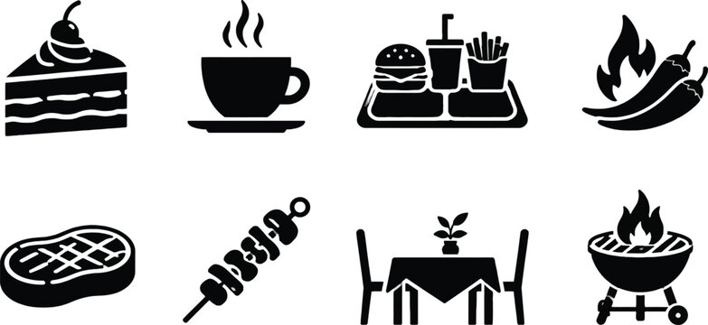 Comprehensive Food and Dining Icon Set Featuring Burger, Coffee, Steak, BBQ Grill, Dessert Cake, Spicy Chili, Kebab, and Restaurant Table Silhouettes for Menu Design and Web App Use.