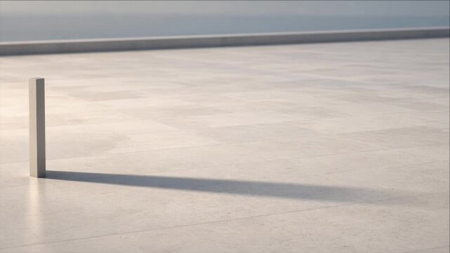Minimal cinematic timelapse background featuring solitary post casting long shadow across empty concrete surface beside calm water horizon, quiet architectural mood, ambient visual texture and serene
