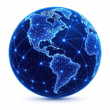 Digital blue glowing earth globe with connection lines and data points