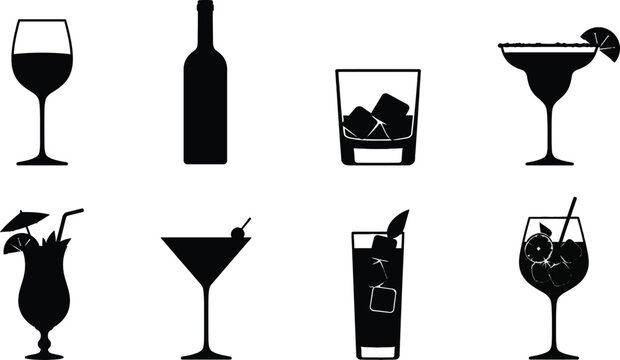 Alcoholic Drink Silhouette Icons: Vector Set of Wine, Whiskey, Margarita, and Martini Glasses for Bar Menus, Party Invitations, and Minimalist Graphic Design Elements