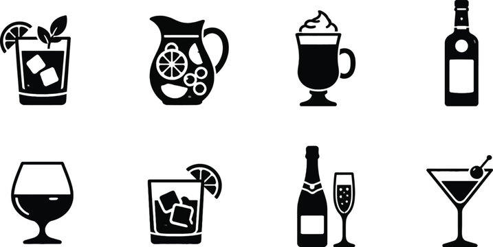 Alcohol and Cocktail Vector Icon Set Including Martini, Whiskey, Wine Bottle, Champagne, Sangria Pitcher, and Brandy Glass for Bar Menus, Party Invitations, and Beverage Graphic Designs.