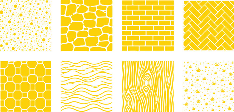 Set of Eight Yellow Seamless Pattern Vectors and Textures Featuring Brick, Wood Grain, Geometric Tile, Stone Wall, Wave, and Abstract Dotted Backgrounds for Graphic Design Projects.