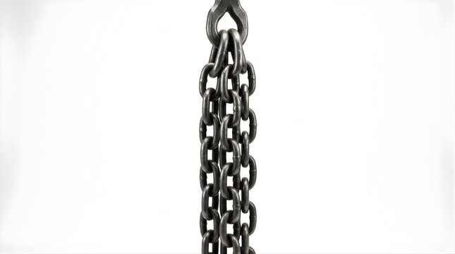 Heavy metal chain links hanging vertically isolated on white background