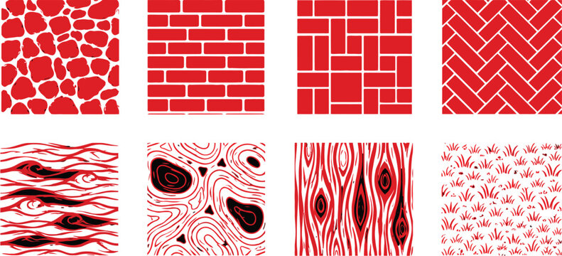 Collection of Red and White Vector Seamless Patterns Featuring Brick Wall, Wood Grain, Stone Textures, Herringbone Tiles, and Organic Grass Illustrations for Graphic Design Projects.