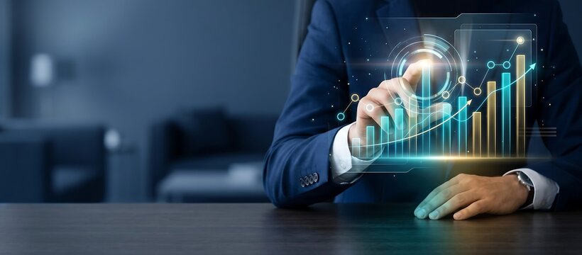 Businessman using a digital tablet to analyze financial stock market charts and growth graphs with glowing neon light effects in a dark modern office
