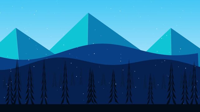 Winter mountain landscape with falling snow vector background