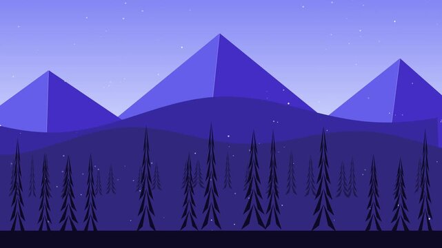 Pixel art winter mountain landscape with falling snow