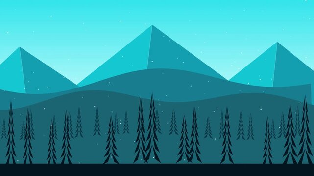 Snowy mountain landscape with falling snow vector animation