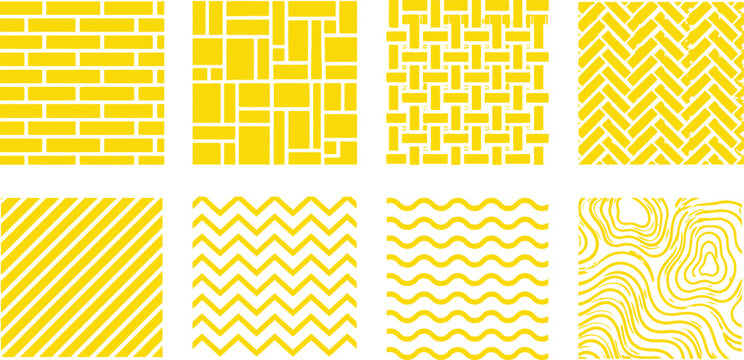 Yellow Vector Geometric Pattern Set Featuring Chevron, Stripes, Brick, Herringbone, and Wavy Lines Backgrounds for Graphic Design, Textiles, and Digital Art Projects