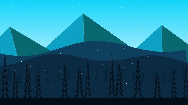 Winter mountain landscape vector animation with snow