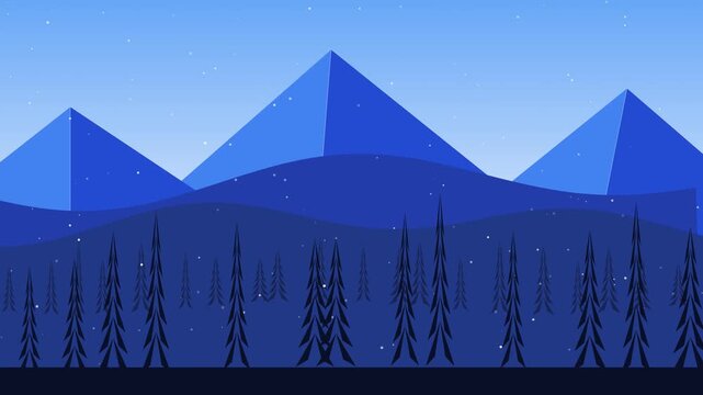 Flat winter landscape with snowy mountains and pine trees