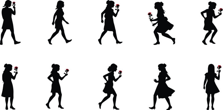 Elegant Silhouette Set of Women and Girls Walking, Running, and Standing while Holding a Red Rose. Romantic Vector Illustration for Valentine's Day, Weddings, Love, and Nature Inspired Designs.