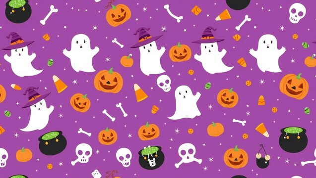 Seamless halloween pattern with cute ghosts pumpkins skulls and witch hats on a purple background