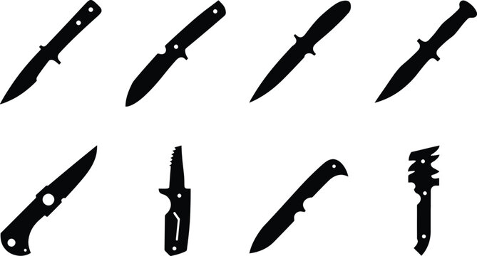 Set of Eight Tactical Knife Silhouettes featuring Combat, Hunting, and Survival Blades. High-Quality Vector Illustrations of Daggers, Folding Knives, and Outdoor Gear for Sharp Designs.