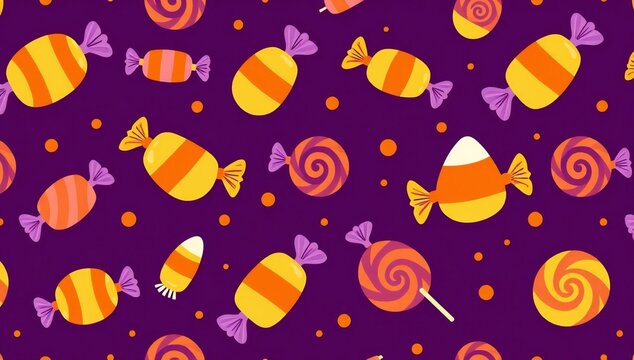 Colorful halloween candy pattern with lollipops and sweets on a dark purple background