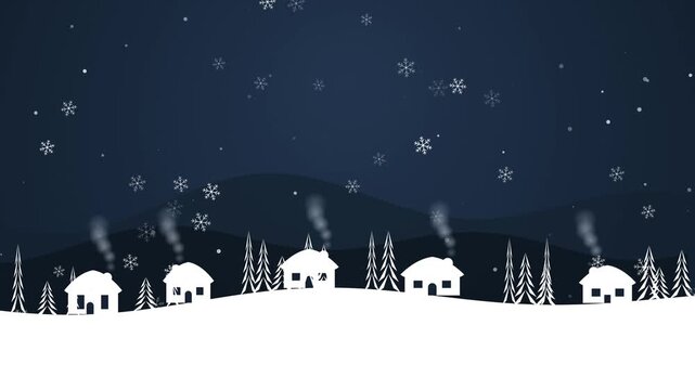 Winter village landscape with falling snow at night