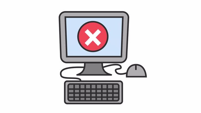 Desktop computer displaying a red cross mark error icon cartoon animation for cybersecurity threat notification and warning symbol isolated on an alpha channel.