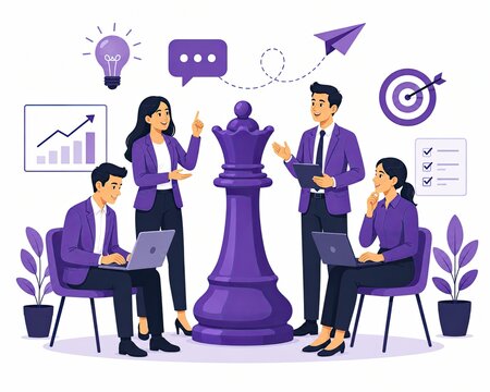 Business team planning strategy with a large chess piece in the office