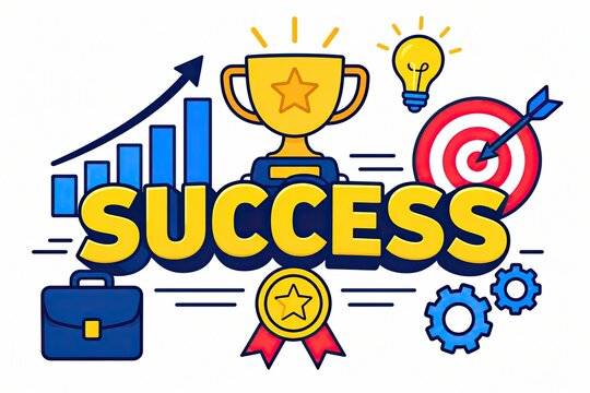 Pixel art success word with business icons on a white background
