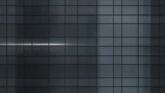 Abstract cinematic minimal timelapse background featuring dark geometric grid, glass panel facade, tiled surface, horizontal light reflections, cool symmetry, futuristic architectural texture