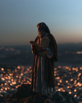 Biblical prophet moses holding stone tablets on a mountain overlooking a city at twilight