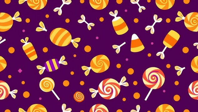 Seamless pattern with colorful candies and lollipops on a purple background for halloween